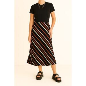HALOGEN Midi Skirt | Size M | Multicolor Stripe | Flowy Silhouette | Office Chic